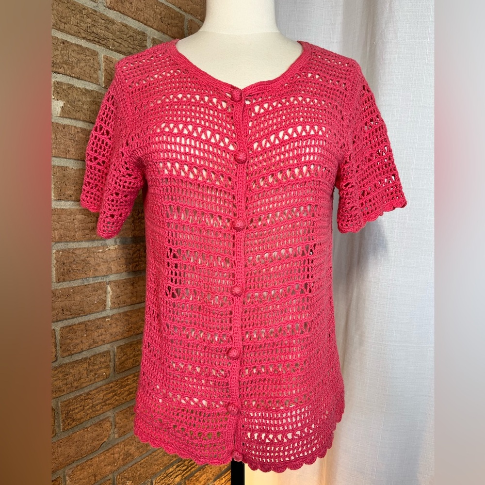 Hampton Studio Crochet Cardigan - coral pink size Medium Petite